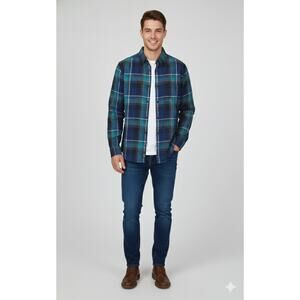 Express Mens Collared Button Up Plaid Shirt Size Small Long Sleeve Blue Green